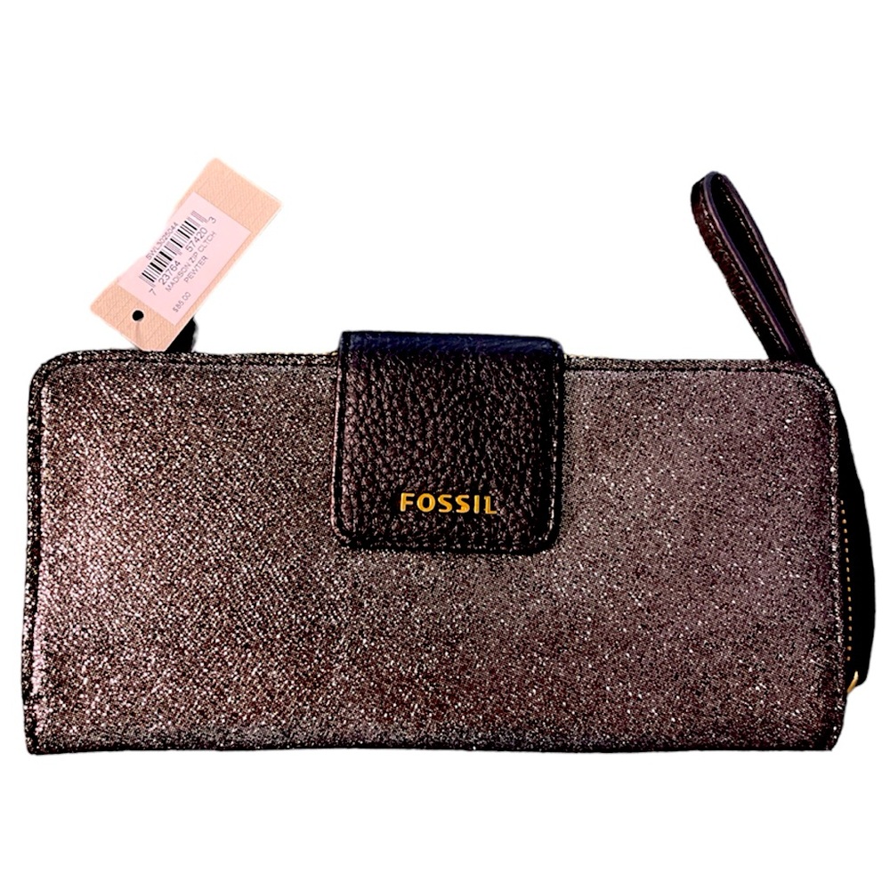 Fossil Madison Zip Clutch Sparkle Pewter New with tag